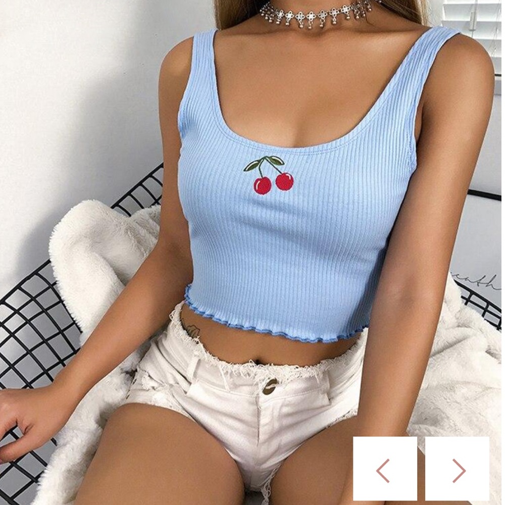Light Blue Ribbed Cherry Crop Top🍒